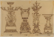 Designs for Two Candelabras and Two Urns, Anonymous, French, 19th century, Pen and brown ink